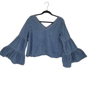 Dizzy Lizzy womens large blue Chambray denim v neck bell sleeve crop cotton